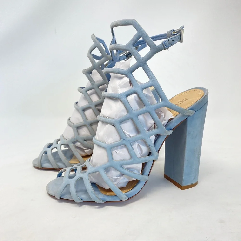 Schutz Jaden Baby Blue Cage Sandal Block Heels Size 6 - Picture 2 of 8